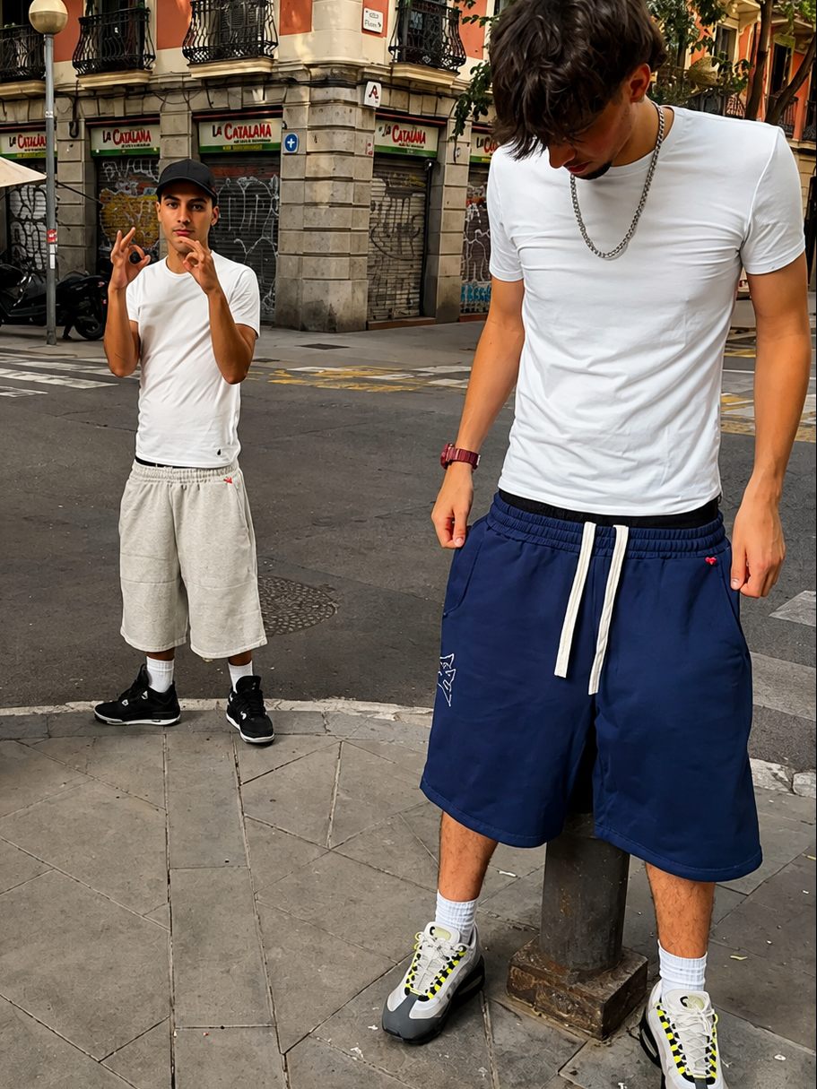 Two men in reda studio white tees and shorts on a sunlit Barcelona street corner